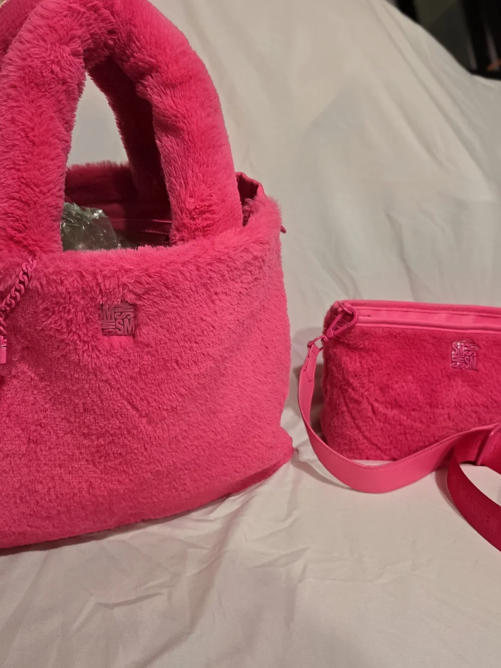 Y2K Inspired Steve Madden Faux-Fur Hot Pink Tote and Crossbody Set